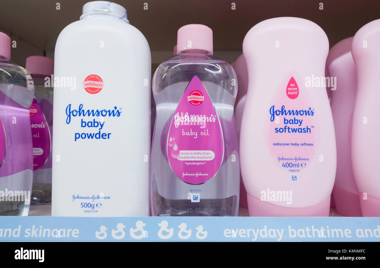 Johnson`s baby products on supermarket shelf. UK Stock Photo